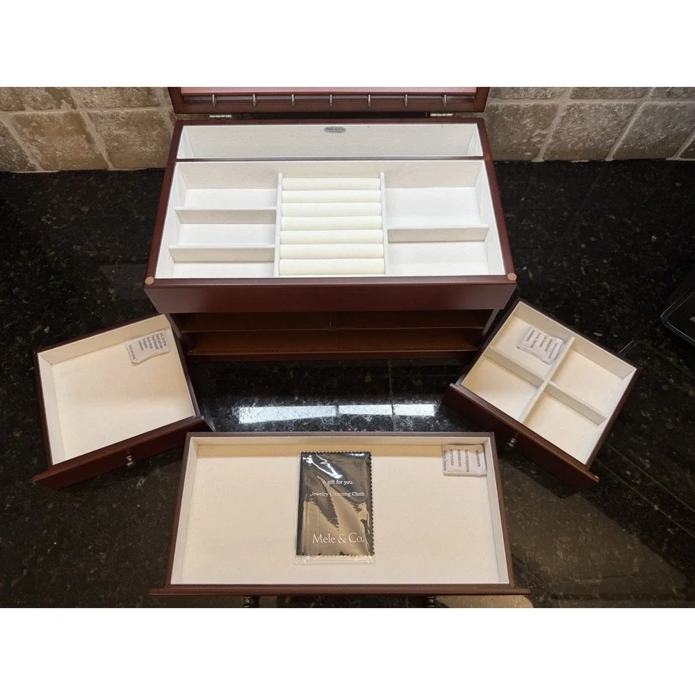 Mele & Co Wooden Jewelry Box Floral Inlay Brayden Design Drawers Mirror Lined
